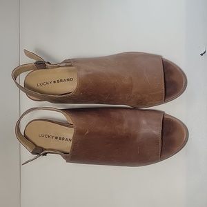 Lucky Brand Peep Toes Stacked Heels Strap Sandals Sz 12 Leather Upper LK Obelia